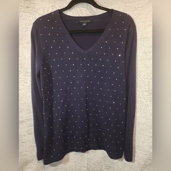 Tommy Hilfiger Large Women's Navy Blue Sweater Top with Sequins V-Neck Long - Picture 5 of 7